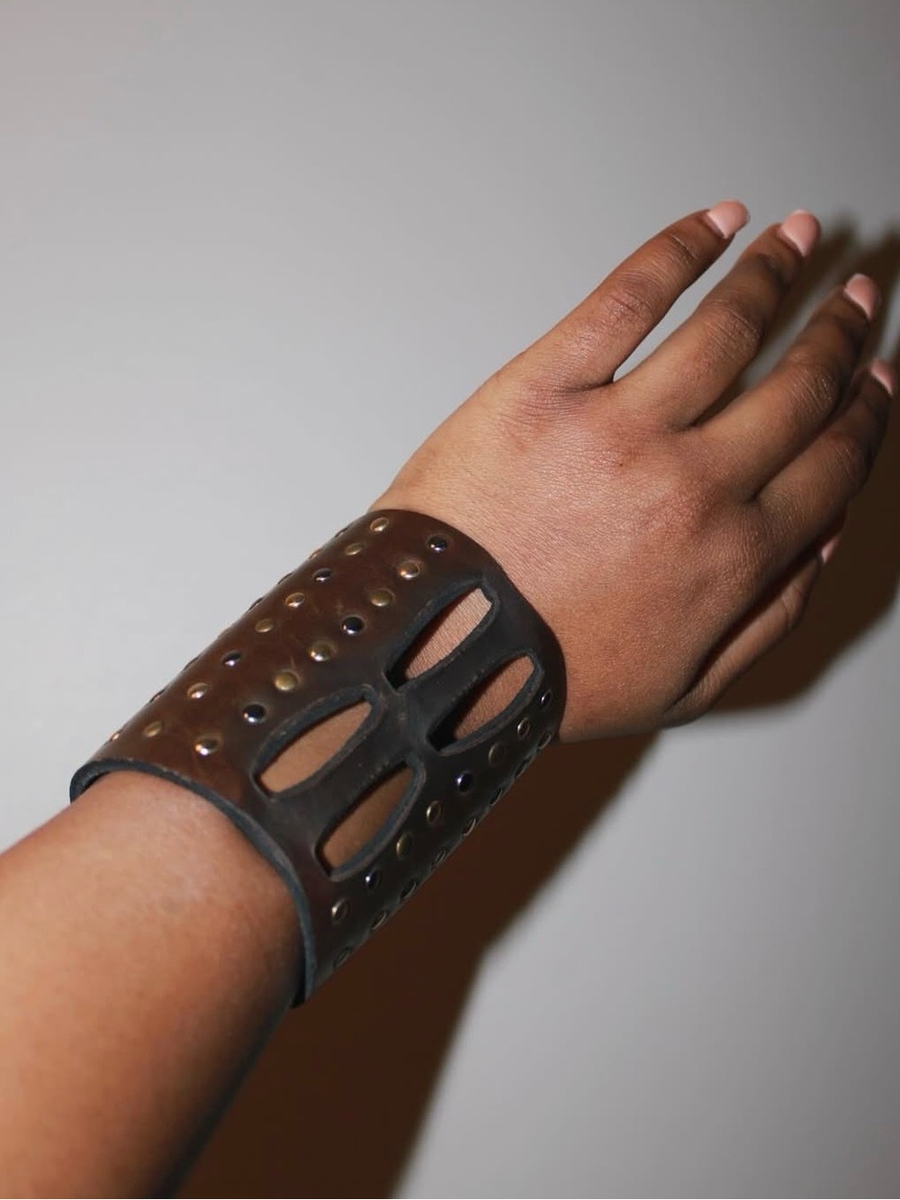 Brown Leather Studded Cuff Bracelet - Unbranded